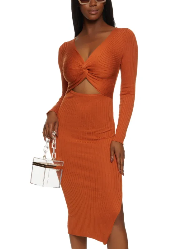 Ribbed Twist Front Cut Out Midi Dress sold by Rainbow