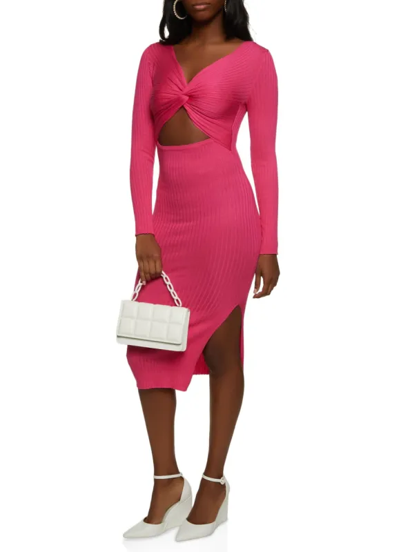 Ribbed Twist Front Cut Out Midi Dress sold by Rainbow
