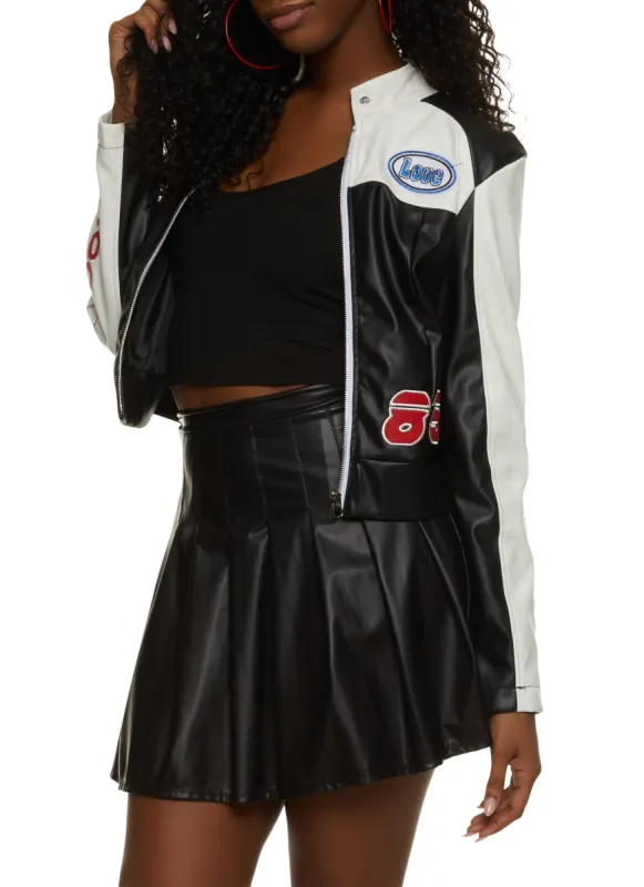 Faux Leather Brooklyn Graphic Moto Jacket sold by Rainbow