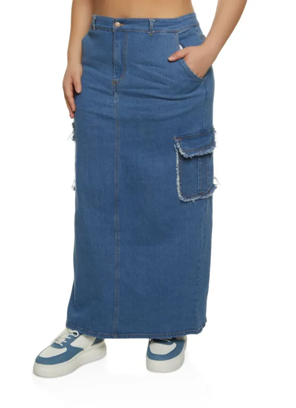 Plus Size Denim Frayed Trim Cargo Pocket Maxi Skirt sold by Rainbow