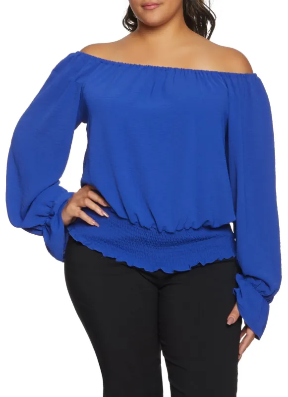 Plus Size Off the Shoulder Smocked Waist Top sold by Rainbow