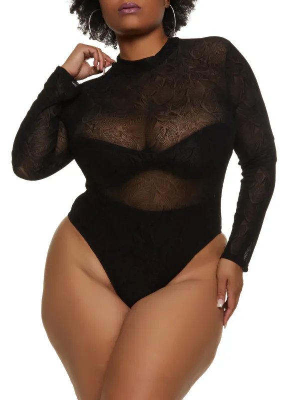 Plus Size Mesh Leaf Print Long Sleeve Bodysuit sold by Rainbow