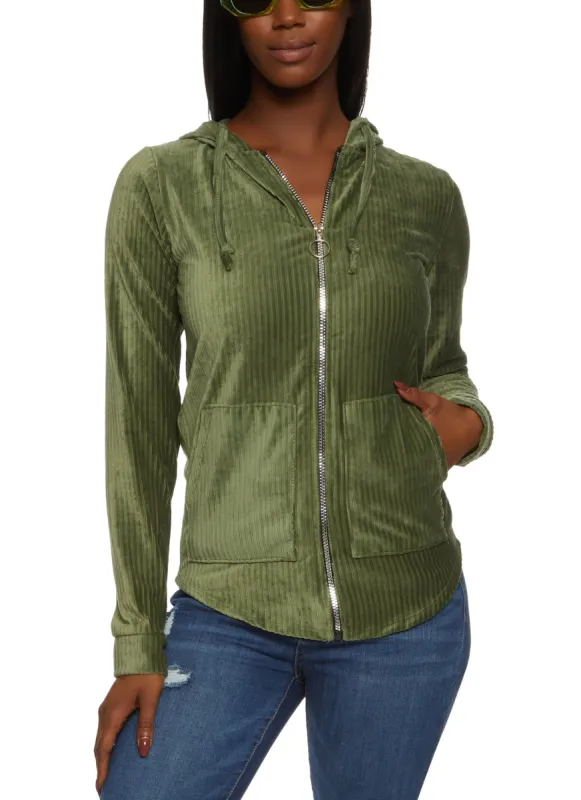 Ribbed Knit Velour Zip Front Hoodie sold by Rainbow