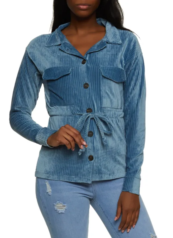 Ribbed Knit Velour Button Front Tie Waist Shirt sold by Rainbow