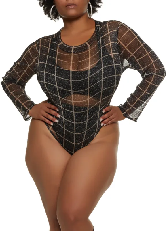Plus Size Lurex Window Pane Patterned Long Sleeve Bodysuit sold by Rainbow