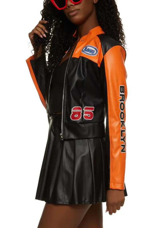 Faux Leather Brooklyn Graphic Moto Jacket sold by Rainbow