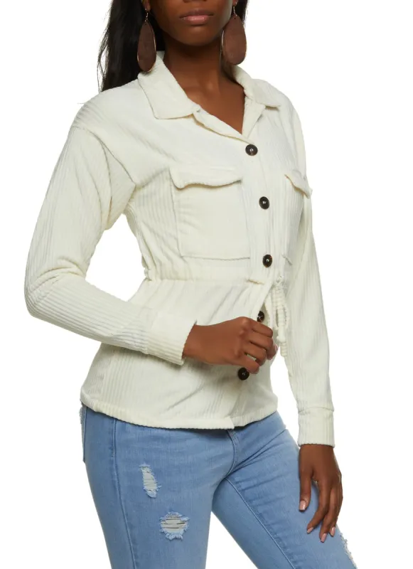 Ribbed Knit Velour Button Front Tie Waist Shirt sold by Rainbow