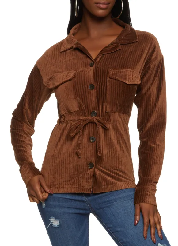 Ribbed Knit Velour Button Front Tie Waist Shirt sold by Rainbow