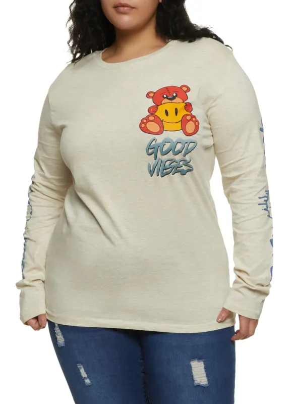 Plus Size Good Vibes Bear Graphic Long Sleeve Tee sold by Rainbow