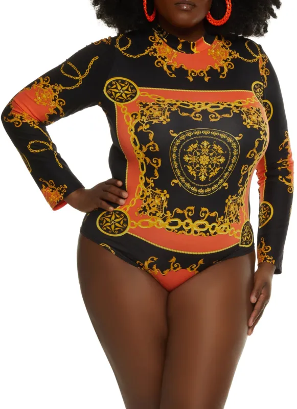 Plus Size Status Print Long Sleeve Bodysuit sold by Rainbow