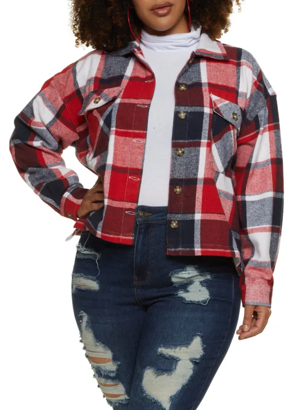 Plus Size Plaid Brushed Knit Cropped Shacket sold by Rainbow
