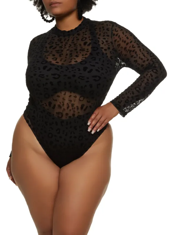 Plus Size Velvet Burnout Cheetah Print Bodysuit sold by Rainbow
