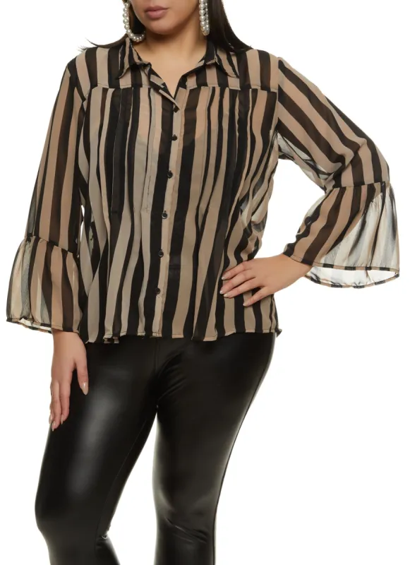 Plus Size Chiffon Bell Sleeve Striped Shirt sold by Rainbow