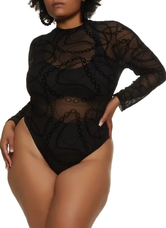 Plus Size Mesh Chain Print Long Sleeve Bodysuit sold by Rainbow