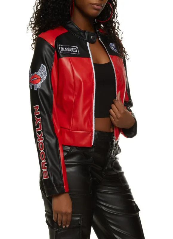 Faux Leather Brooklyn Graphic Moto Jacket sold by Rainbow