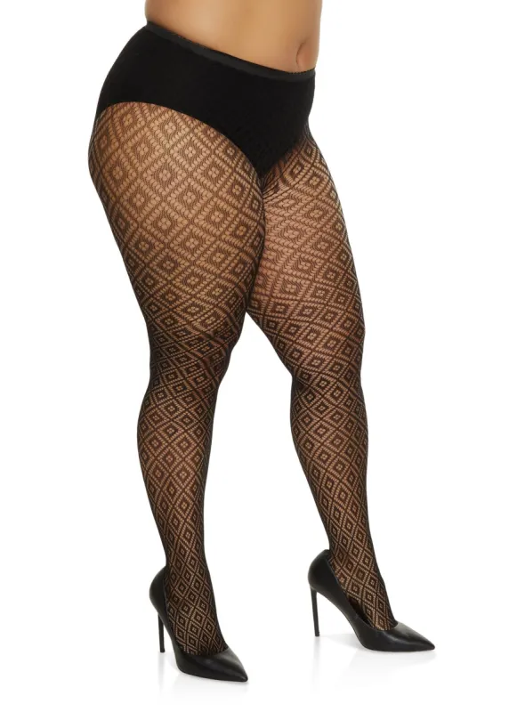 Plus Size Fishnet High Waist Patterned Tights sold by Rainbow