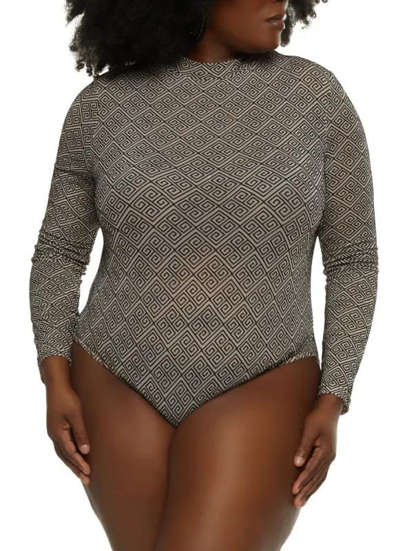 Plus Size Mesh Geometric Print Long Sleeve Bodysuit sold by Rainbow