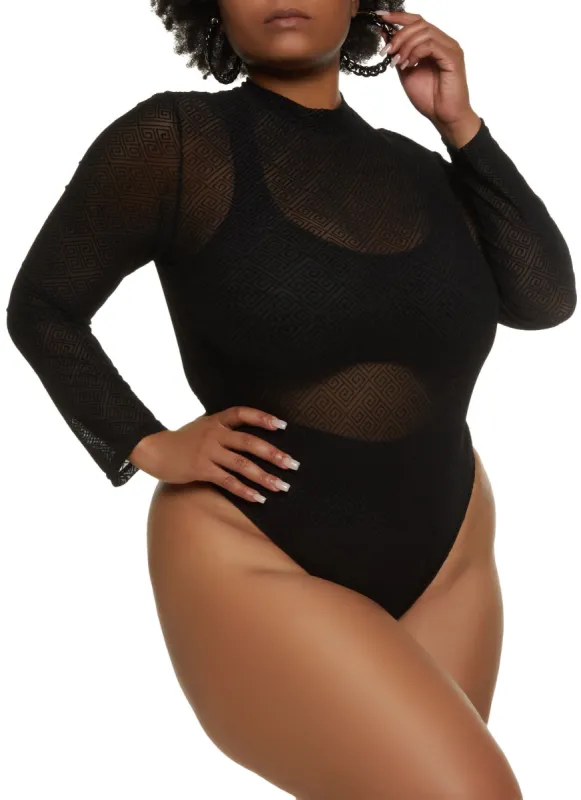 Plus Size Mesh Geometric Print Long Sleeve Bodysuit sold by Rainbow