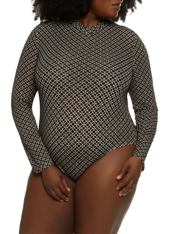 Plus Size Patterned Mock Neck Long Sleeve Bodysuit sold by Rainbow