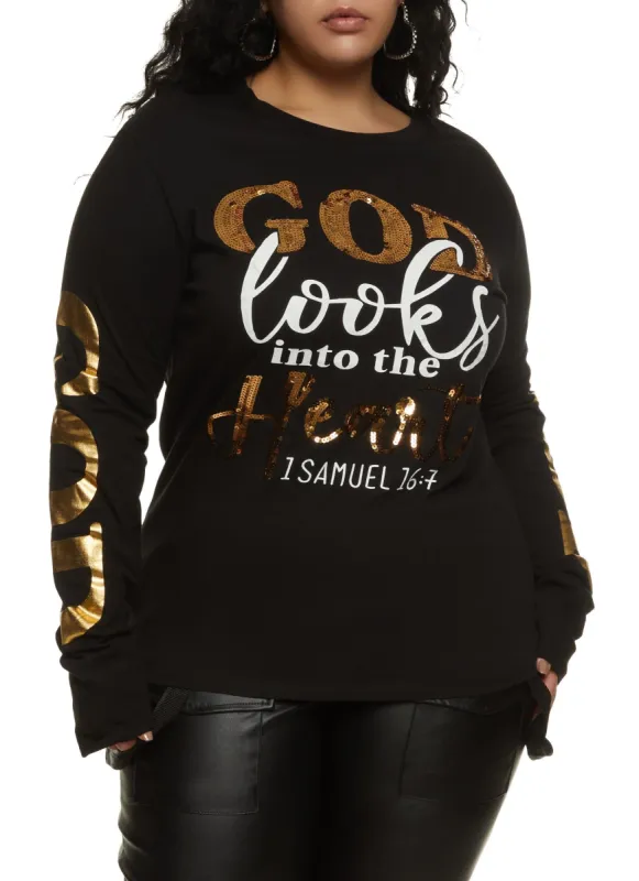 Plus Size God Looks Into The Heart Graphic Long Sleeve Tee sold by Rainbow