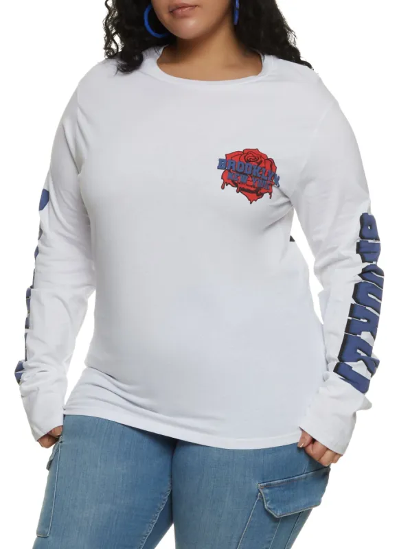 Plus Size Brooklyn New York Rose Graphic Long Sleeve Tee sold by Rainbow