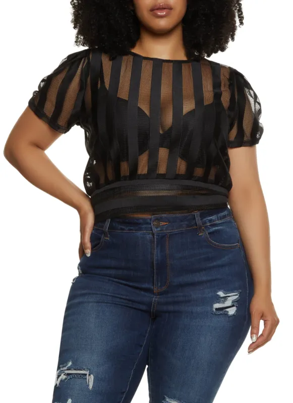 Plus Size Shadow Stripe Mesh Tie Back Top sold by Rainbow