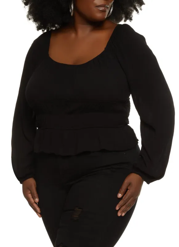 Plus Size Solid Smocked Peasant Top sold by Rainbow