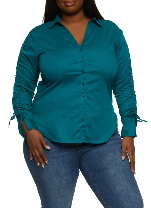 Plus Size Ruched Sleeve Button Front Shirt sold by Rainbow
