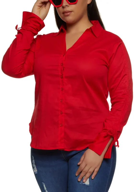 Plus Size Ruched Sleeve Button Front Shirt sold by Rainbow