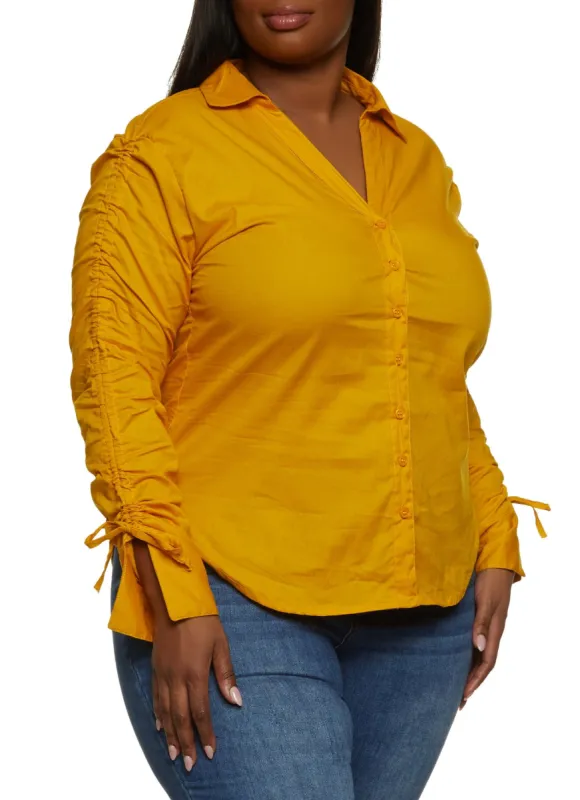 Plus Size Ruched Sleeve Button Front Shirt sold by Rainbow