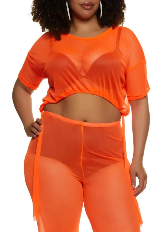 Plus Size Mesh Drawstring Hem Crop Top sold by Rainbow