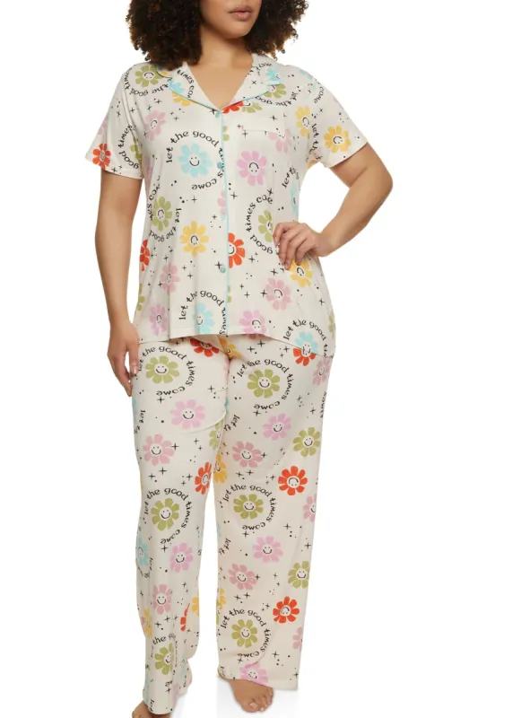 Plus Size Graphic Print Notch Collar Pajama Top and Pants sold by Rainbow