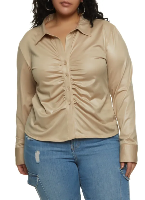 Plus Size Long Sleeve Spandex Ruched Button Front Shirt sold by Rainbow