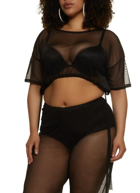 Plus Size Mesh Drawstring Hem Crop Top sold by Rainbow
