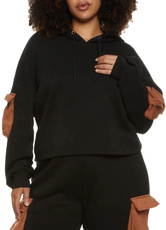 Plus Size Color Block Cargo Pocket Cropped Hoodie sold by Rainbow