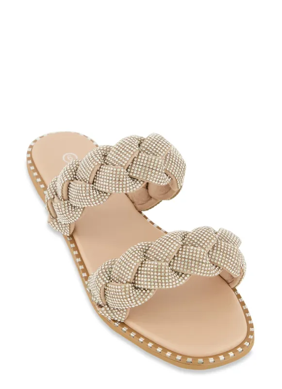 Rhinestone Double Braided Band Slide Sandals sold by Rainbow