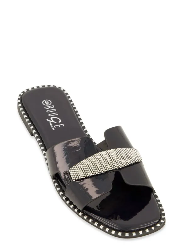 Studded Trim Rhinestone Cut Out Band Slide Sandals sold by Rainbow