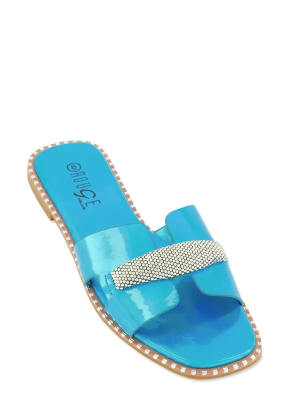 Studded Trim Rhinestone Cut Out Band Slide Sandals sold by Rainbow