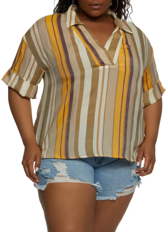 Plus Size Cuffed Sleeve Striped Shirt made by Rainbow