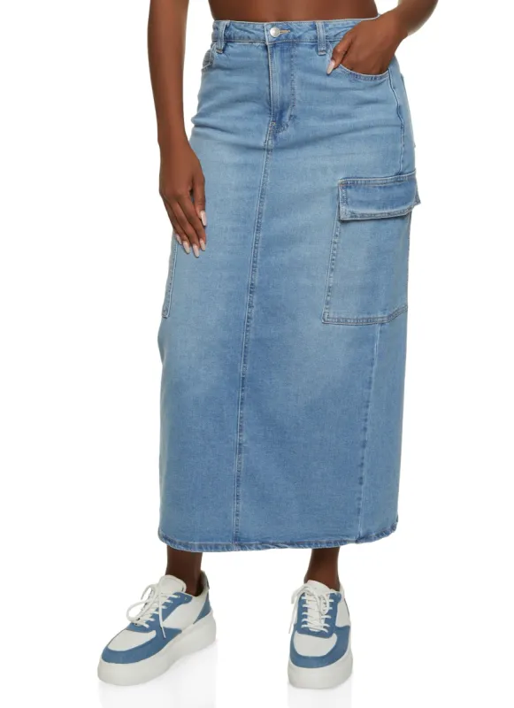 Almost Famous Cargo Denim Maxi Skirt sold by Rainbow