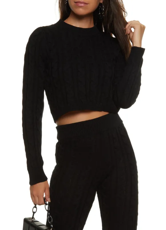 Cable Knit Crew Neck Cropped Sweater sold by Rainbow