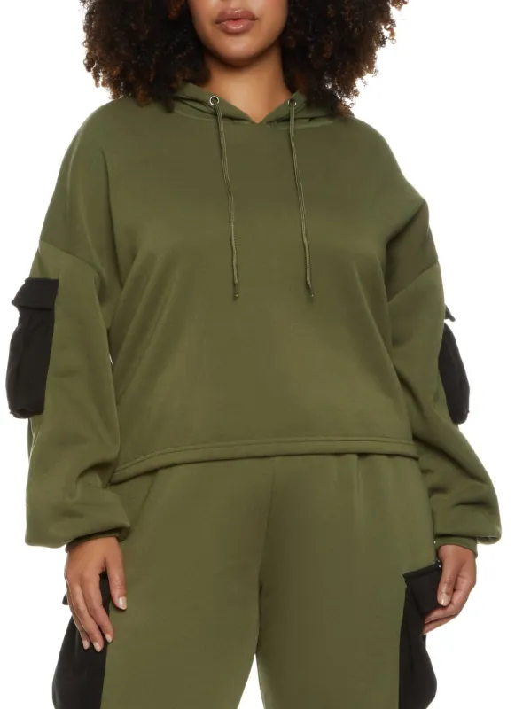 Plus Size Color Block Cargo Pocket Cropped Hoodie sold by Rainbow