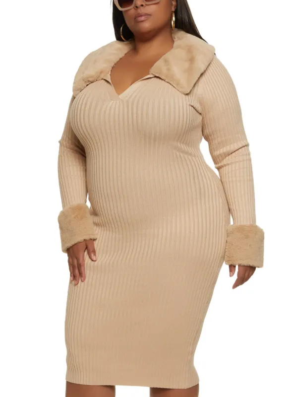 Plus Size Faux Fur Trim Ribbed Knit Sweater Dress sold by Rainbow