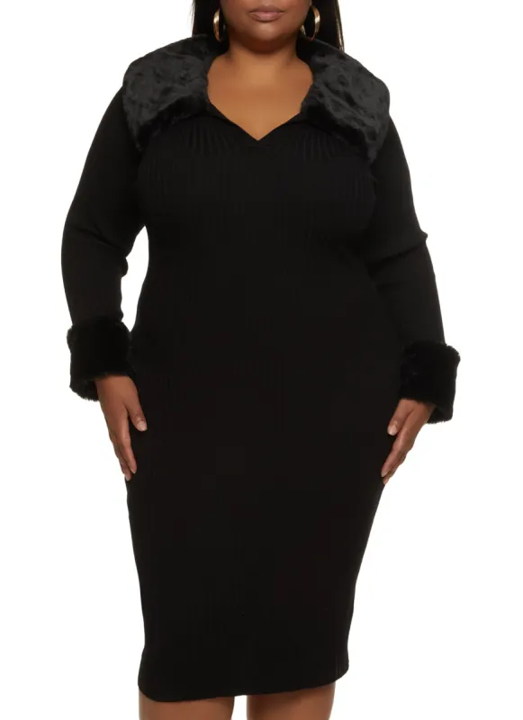 Plus Size Faux Fur Trim Ribbed Knit Sweater Dress sold by Rainbow