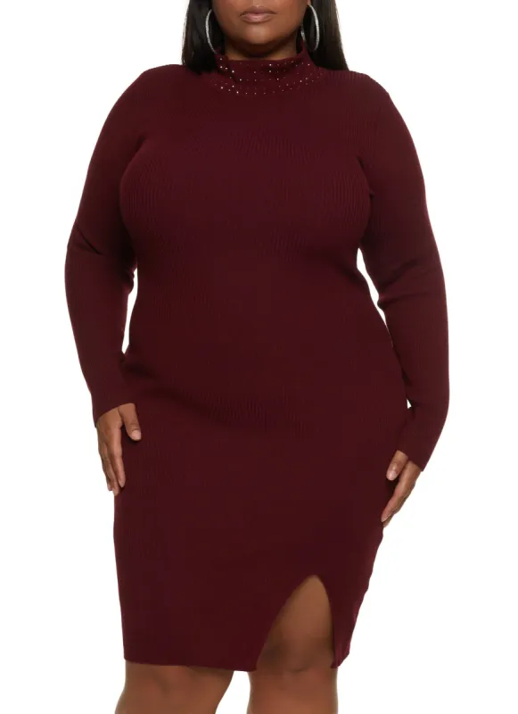 Plus Size Studded Mock Neck Sweater Dress sold by Rainbow