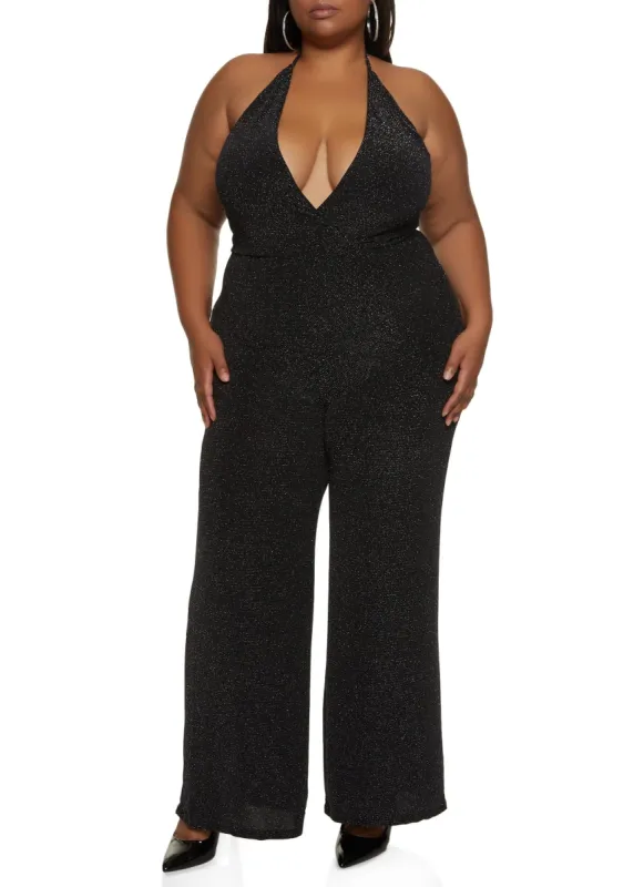 Plus Size Lurex Plunge Tie Neck Sleeveless Jumpsuit sold by Rainbow