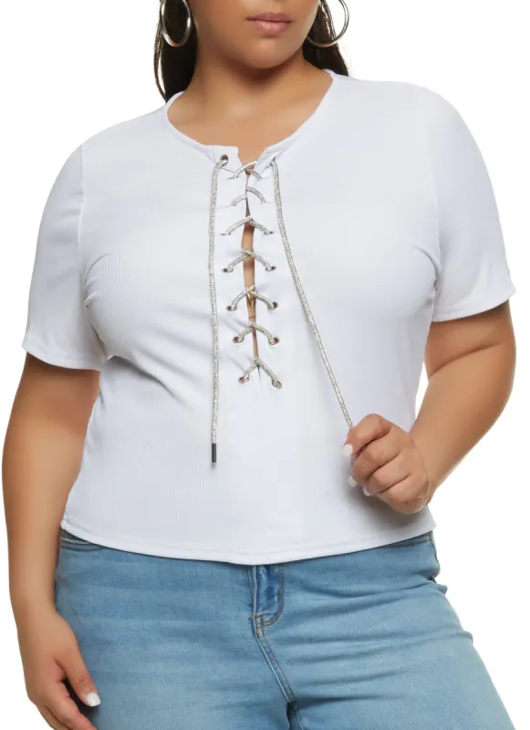 Plus Size Rhinestone Lace Up Top sold by Rainbow