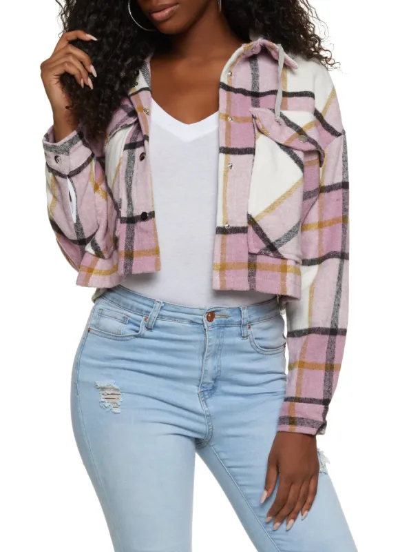 Plaid Cropped Button Front Hooded Shacket sold by Rainbow