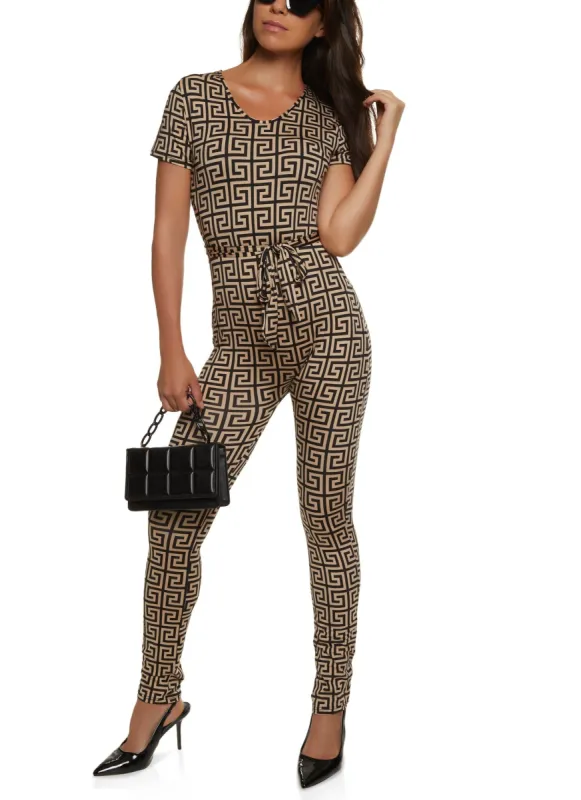Geometric Print Tie Waist Belted Jumpsuit sold by Rainbow
