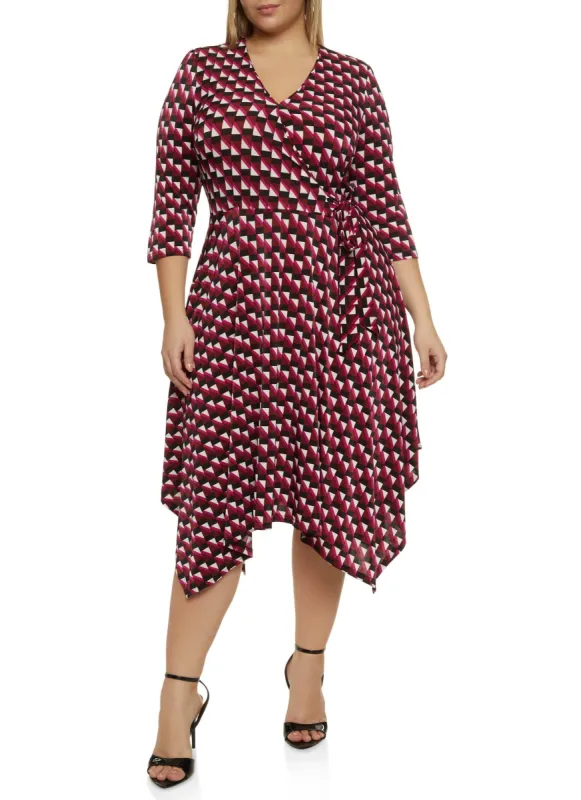 Plus Size Geometric Patterned Tie Waist Faux Wrap Dress sold by Rainbow